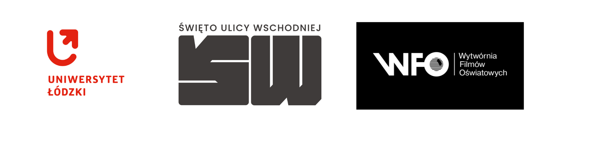 Zdjęcie przedstawia trzy logotypy: Uniwersytetu Łódzkiego, Święta Ulicy Wschodniej i Wytwórni Filmów Oświatowych. 