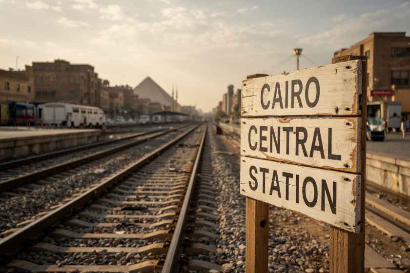 Tory kolejowe oraz tabliczka "Cairo central station"