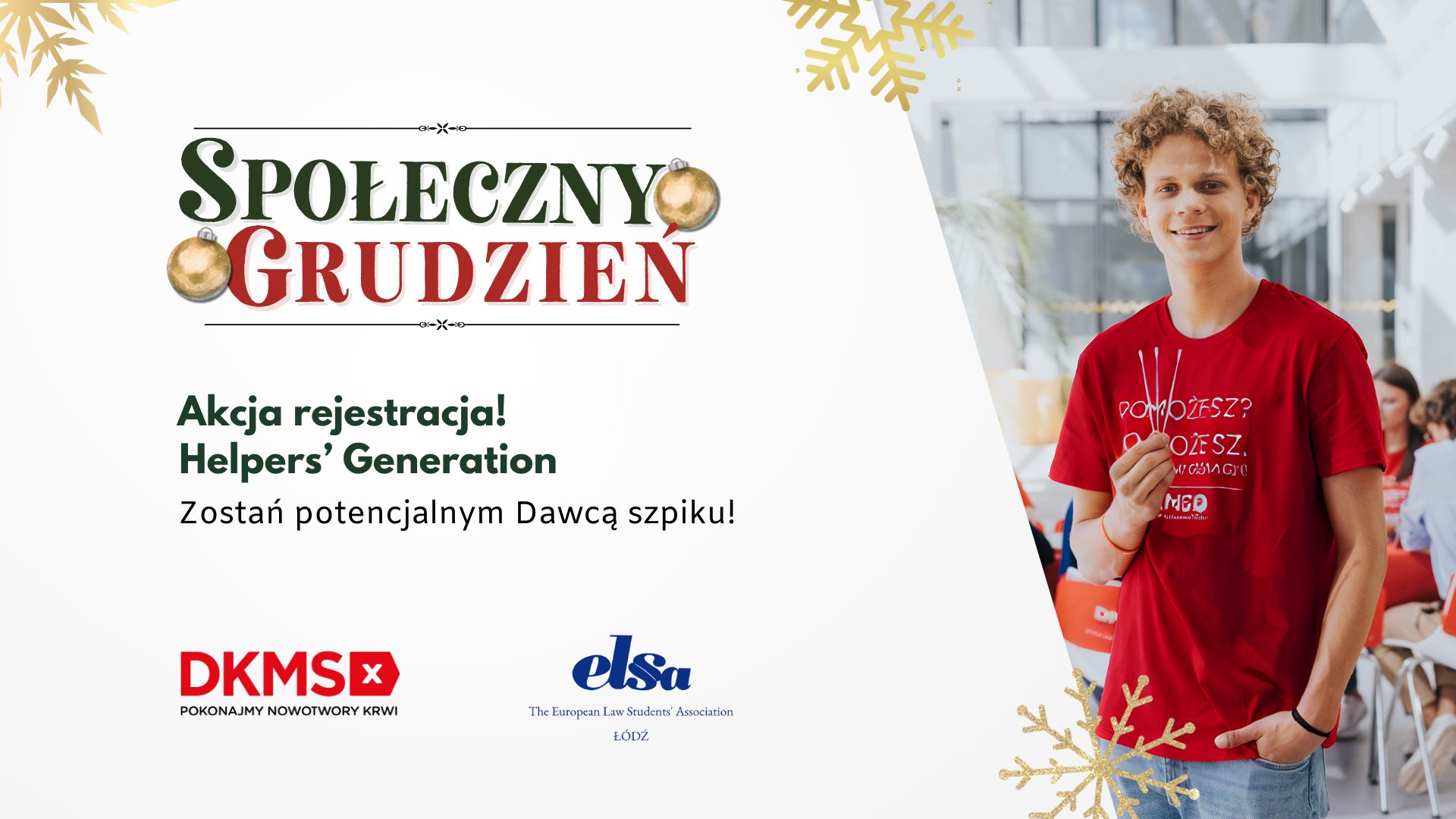 Napis Społeczny grudzień, akcja rejestracja i zdjęcie młodego uśmiechniętego mężczyzny trzymającego patyczki do pobrania wymazu