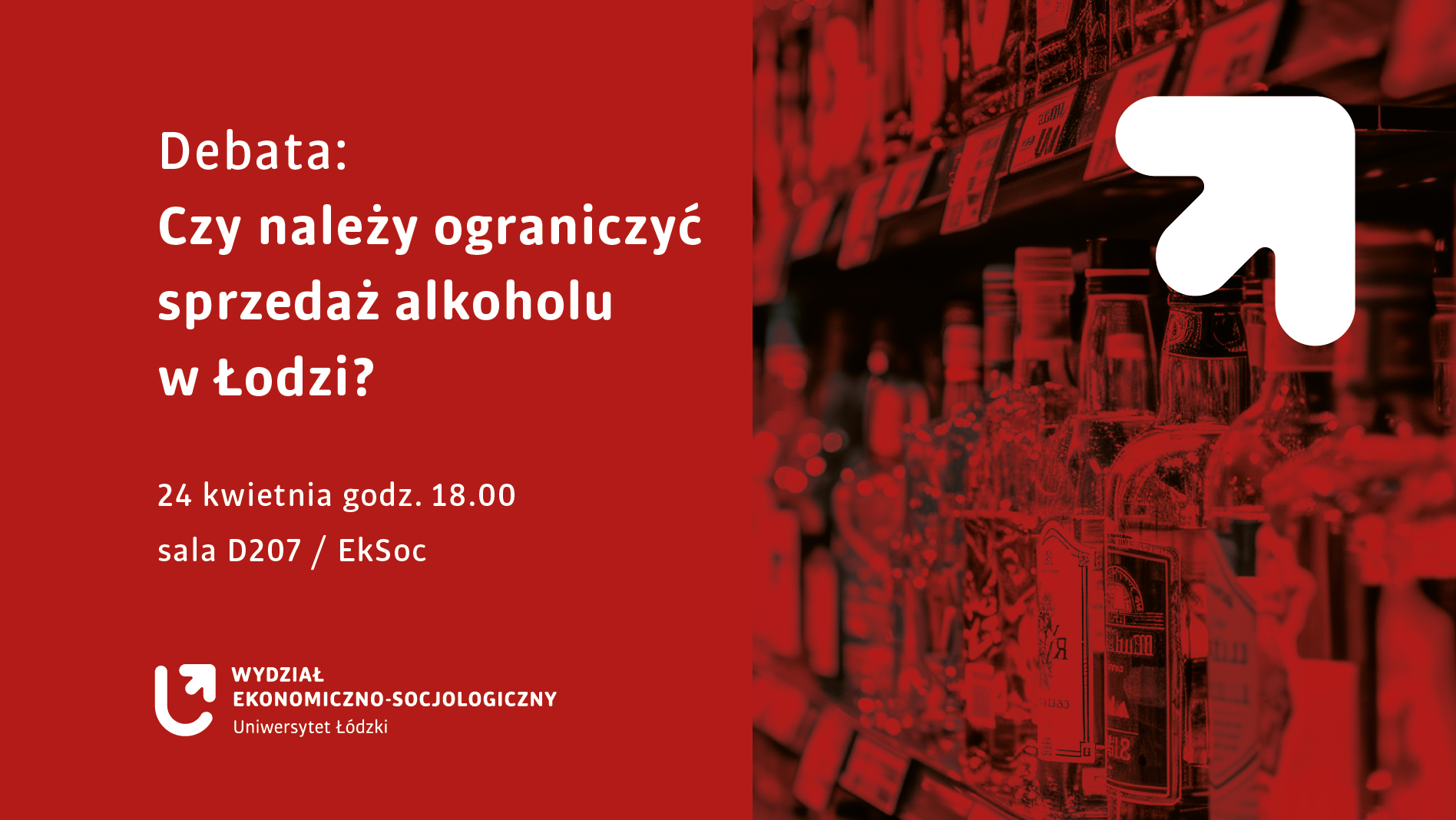 Tytuł debaty oraz butelki alkoholu