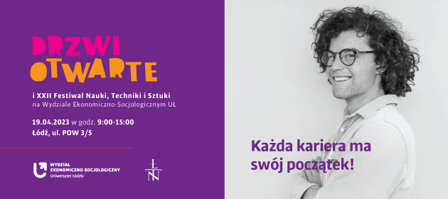 grafika dotycząca drzwi otwartych z portretem młodego mężczyzny w okularach z kręconymi włosami