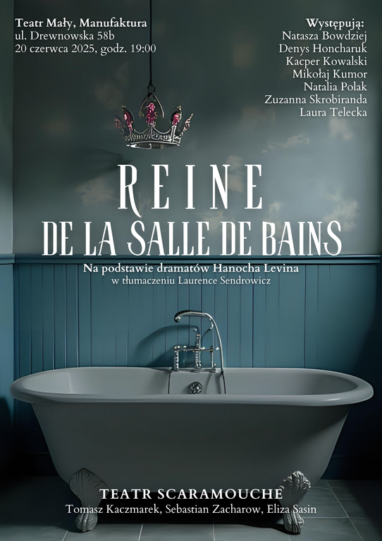 Plakat z nazwiskami aktorów i reżyserów oraz zdjęciem wanny