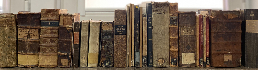 Część księgozbioru. Na zdjęciu widać kilkanaście starodruków ustawionych w szeregu.