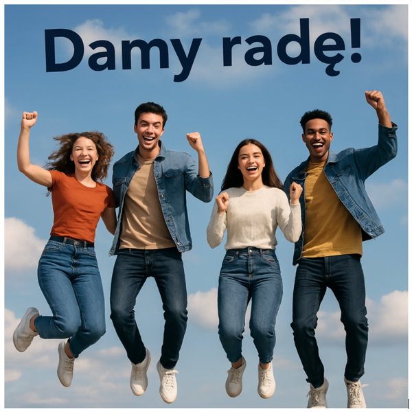 Grafika - czworo młodych ludzi z napisem "damy radę"