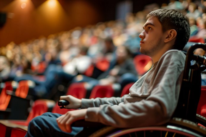 chłopiec na wózku inwalidzkim w teatrze