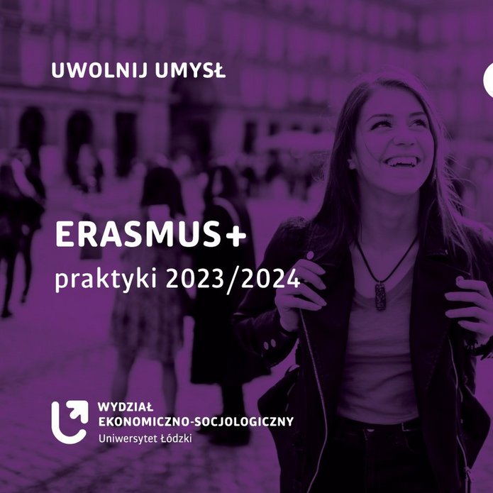 zdjęcie uśmiechniętej dziewczyny z napisem ERASMUS+ PRAKTYKI 2023/2024