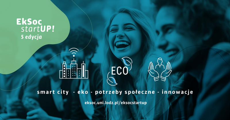 baner V edycji konkursu EkSoc startUP - grupa uśmiechniętych studentów oraz ikony oznaczające smart city, eko, potrzeby społeczne i innowacje