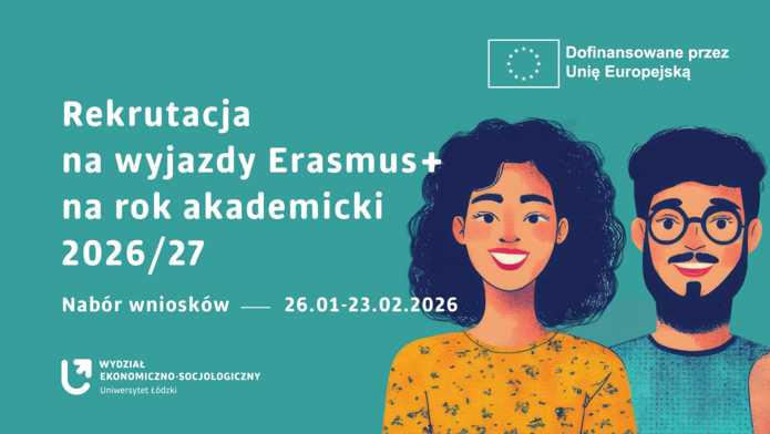 [Translate to English:] Napis Rekrutacja na wyjazdy Erasmus+ na rok akademicki 2026/27 i dwoje młodych ludzi w stylu rysnkowym