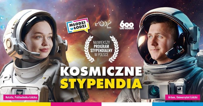 Dwie osoby w kombinezonach astronautycznych, po środku napis kosmiczne stypendia
