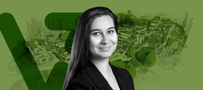 dr Magdalena Biernacka na zielonym tle w oddali widoczny szkic zabudowy miejskiej