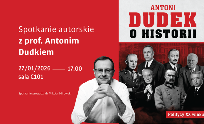 plakat spotkania, zdjęcie profesora oraz okładki