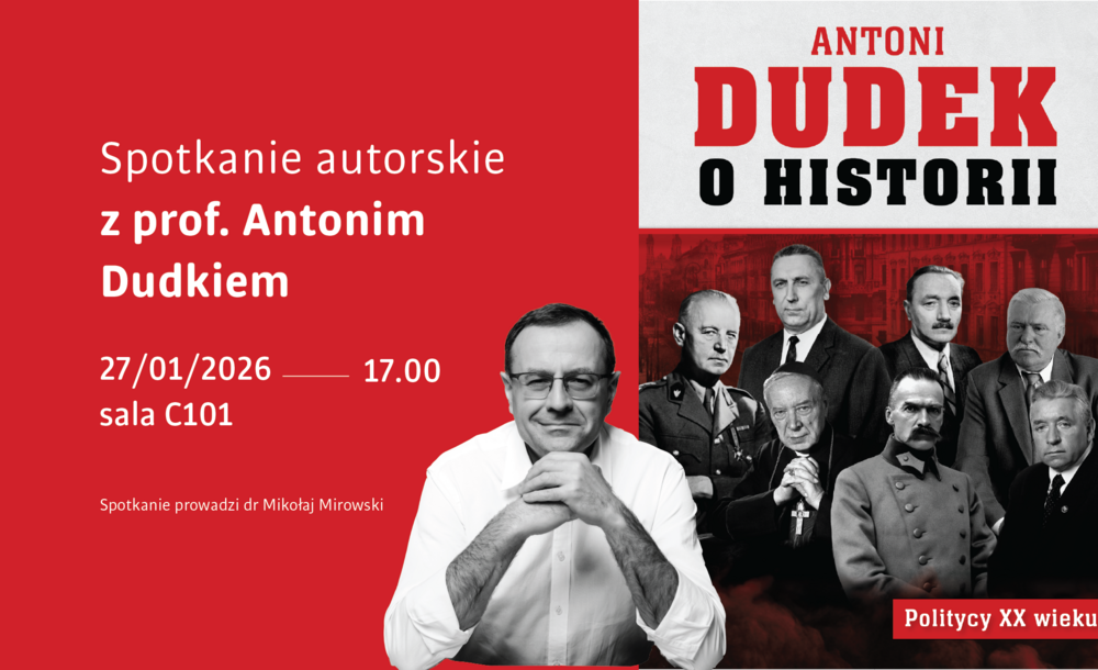 plakat spotkania, zdjęcie profesora oraz okładki