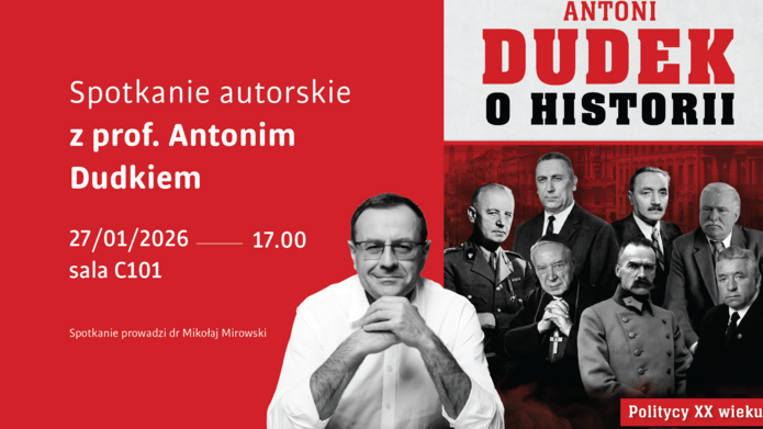 plakat spotkania, zdjęcie profesora oraz okładki