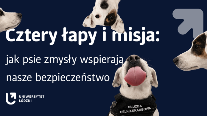 Grafika przedstawia cztery psy w kamizelkach służbowych, opatrzona jest hasłem "Cztery łapy i misja..."