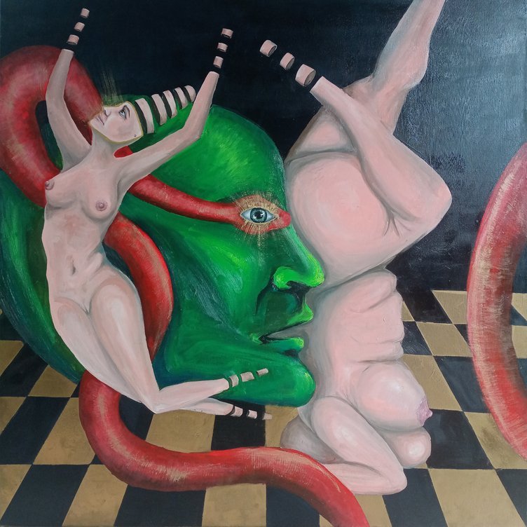 Zdjęcie obrazu malowanego techniką akrylowo-olejną na płótnie. Na zdjęciu widoczne są dwie różne kobiece sylwetki, pomiędzy nimi sporej wielkości, toksycznie zielona głowa, spleciona czerwonym wężem z ludzkim okiem na głowie. Cała kompozycja umieszczona w bliżej nieokreślonej przestrzeni ze złotymi kafelkami w kratkę na podłodze.