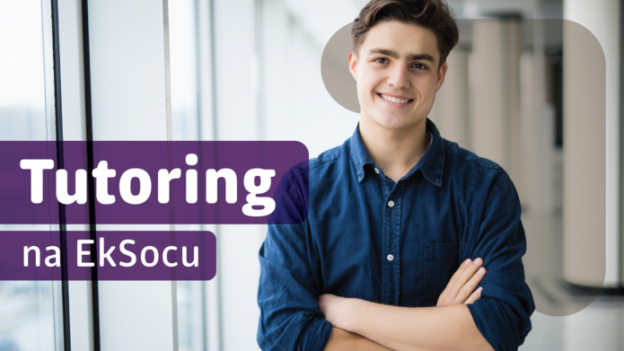 chłopak na tle korytarza, napis tutoring na eksocu 