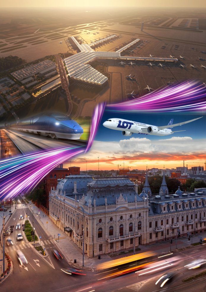 kolaż zdjęć: samolot, lotnisko, pociąg