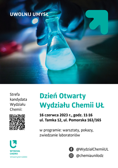 Plakat informujący o Dniu Otwartym na Wydziale Chemii UŁ
